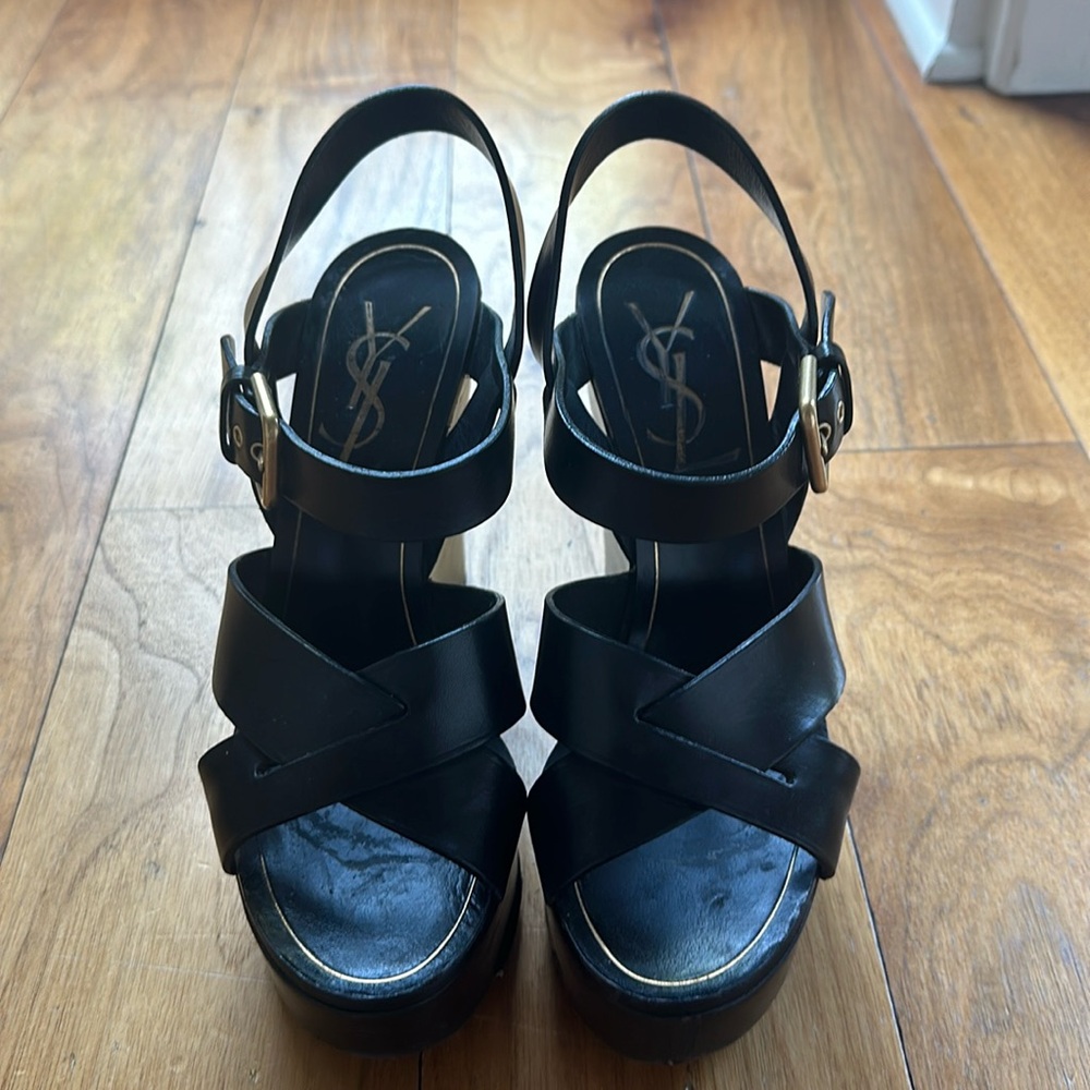 YSL Size 7 black leather wedge